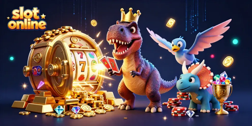 Engage in exciting slot online adventures with this rich casino-themed digital illustration featuring dinosaurs.
