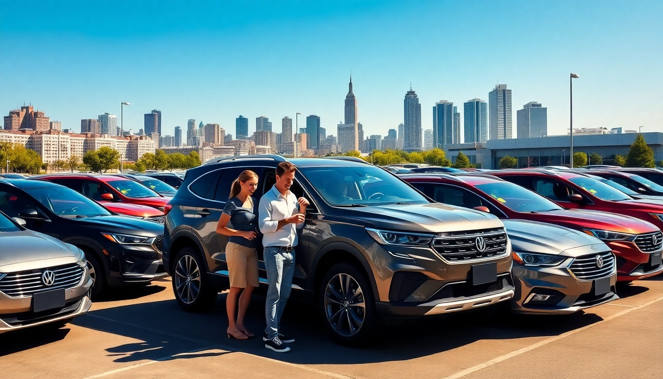 Buy New Car at a vibrant dealership with families exploring options in a sunny setting.