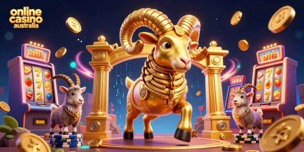 Experience the thrill of online casino Australia with a dynamic scene featuring golden ram, slot machines, and jackpot excitement.