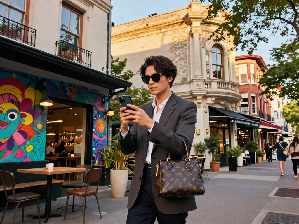 LUXURY111 gaya hidup urban dengan individu stylish menjelajahi kota dan menciptakan momen di smartphone.