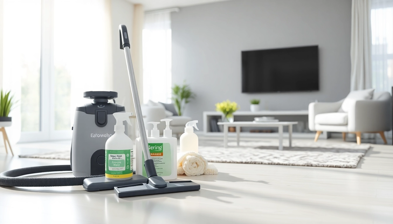 Bond cleaning tools arranged professionally in a bright, clean living room space.