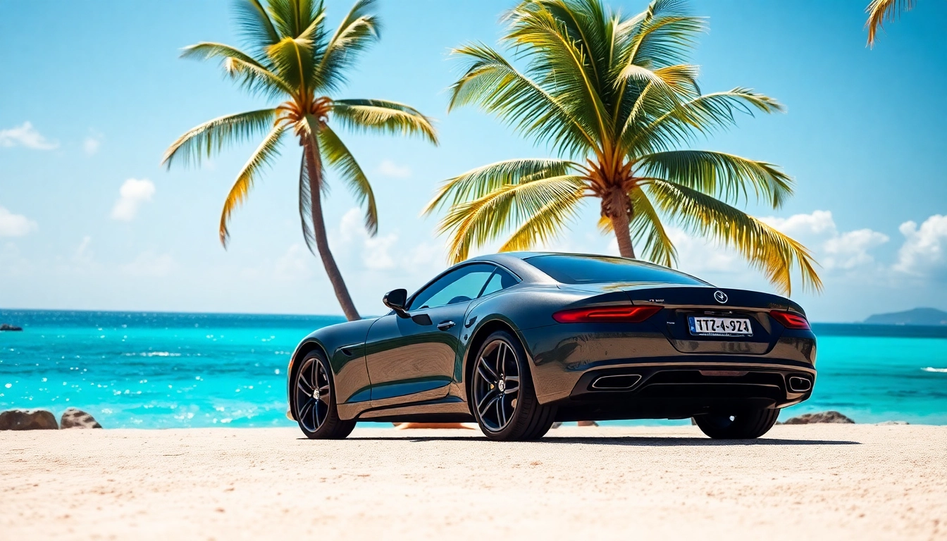 Enjoy car rental st barth with a scenic view of a rental car near a beautiful beach.