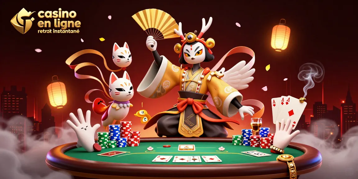 Affrontez le jeu avec casino en ligne retrait instantané, illustrant une scène de poker animée remplie de couleurs et d'énergie.