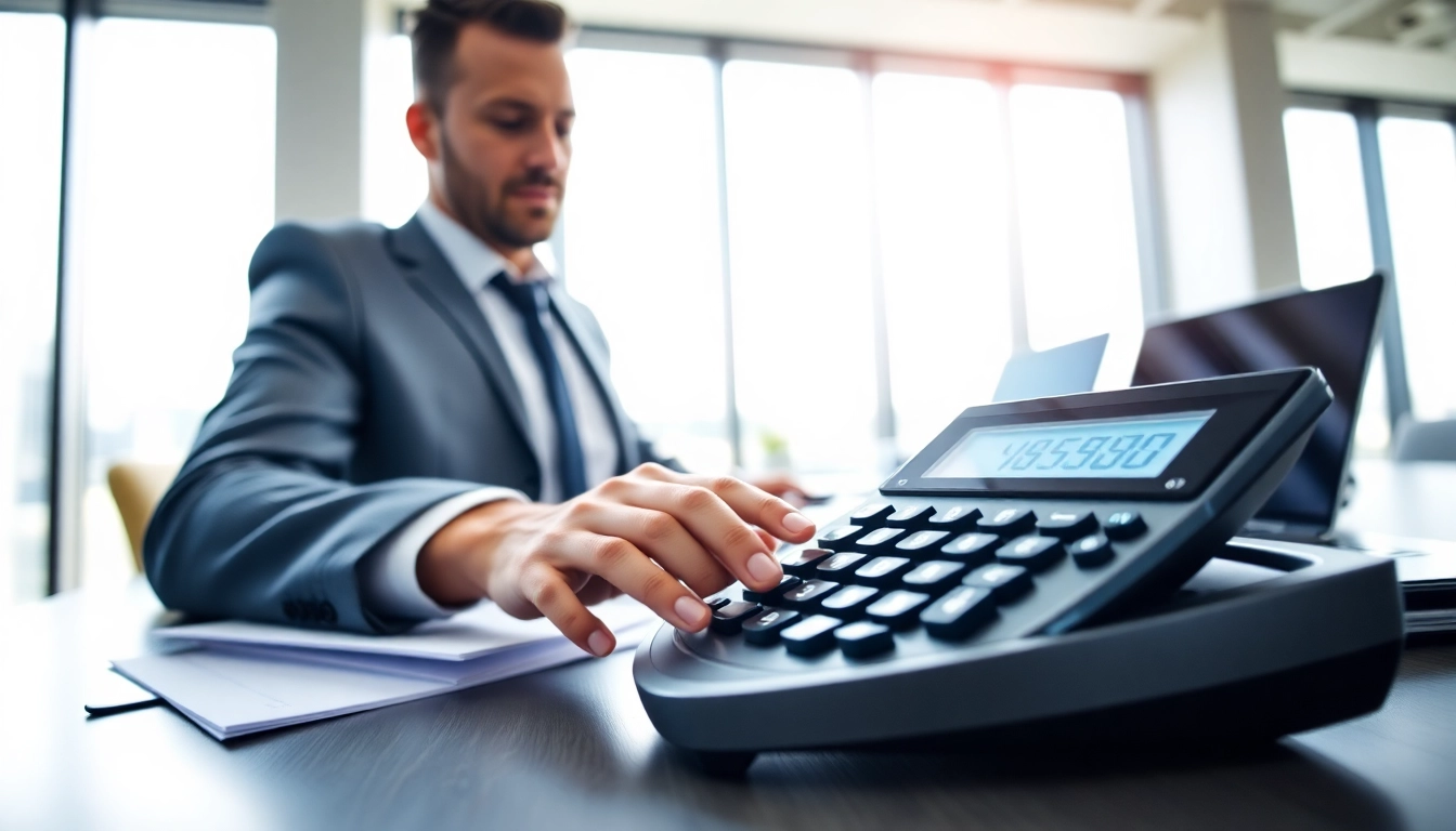 Calculate your options with a merchant cash advance calculator in a modern office setting.