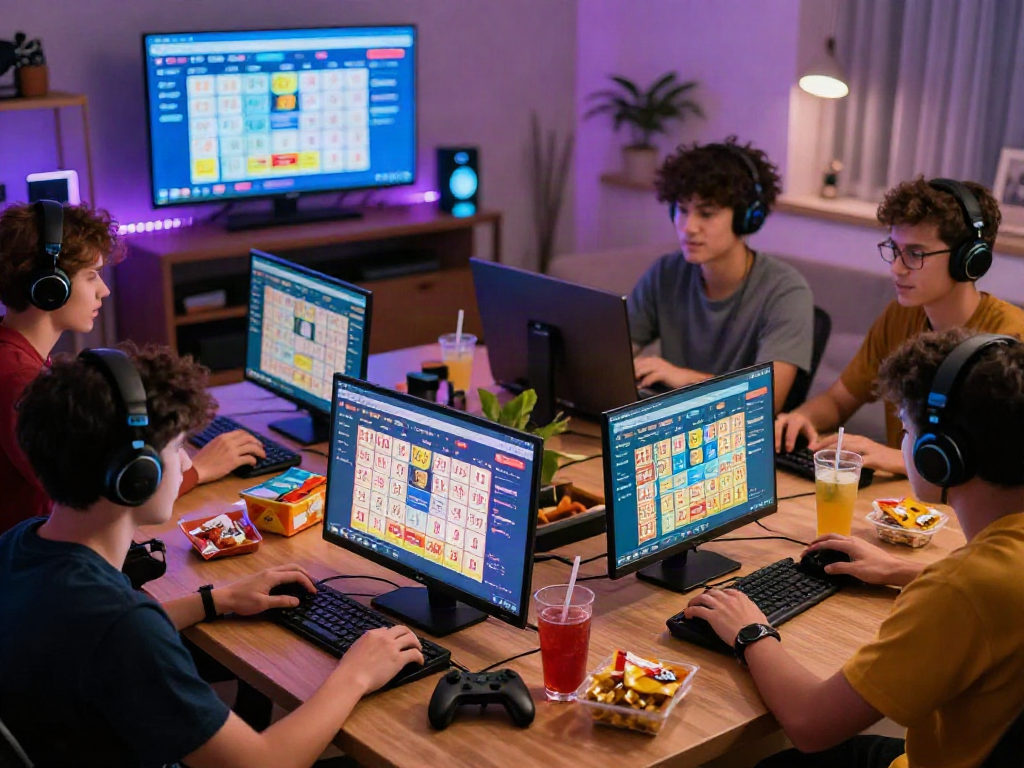 Diverse gamers enjoying a lively bandar ze togel online session in a cozy living room.