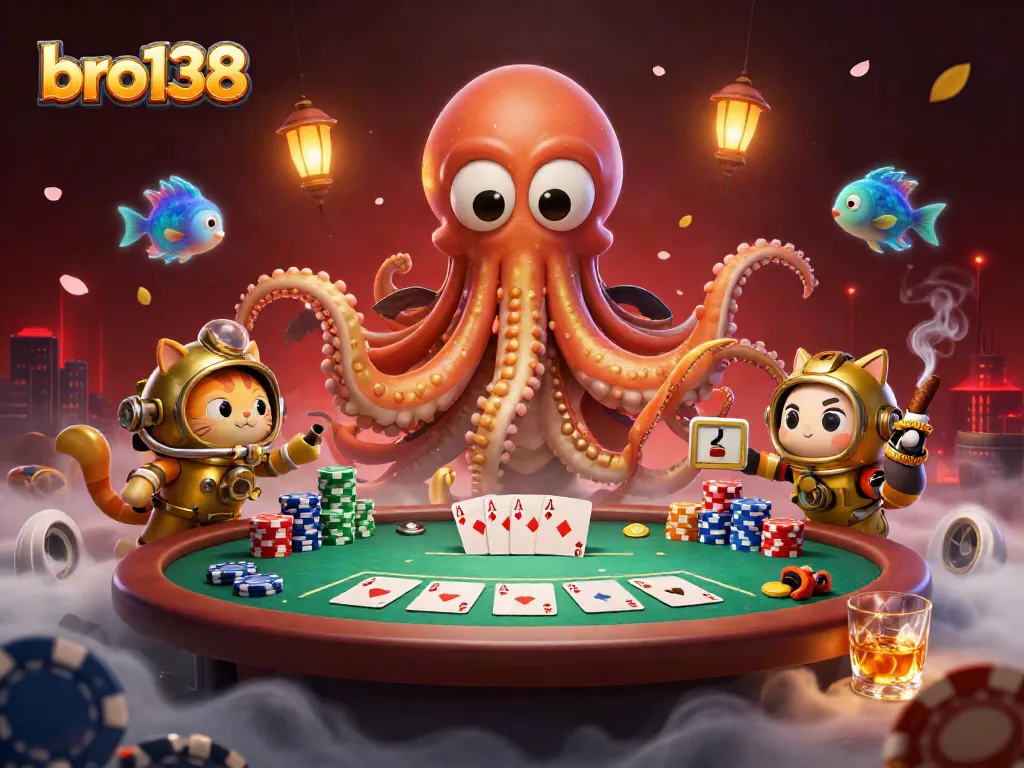 Join bro138 for epic slot adventures with a colossal kraken and treasure-filled poker tables!