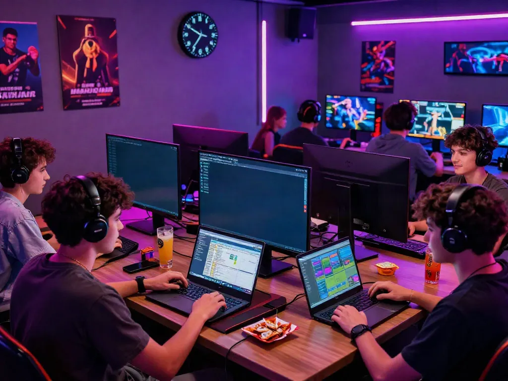 Exciting gaming scene of friends playing Slot MAHJONGJP88 with vibrant neon lights and energy drinks.