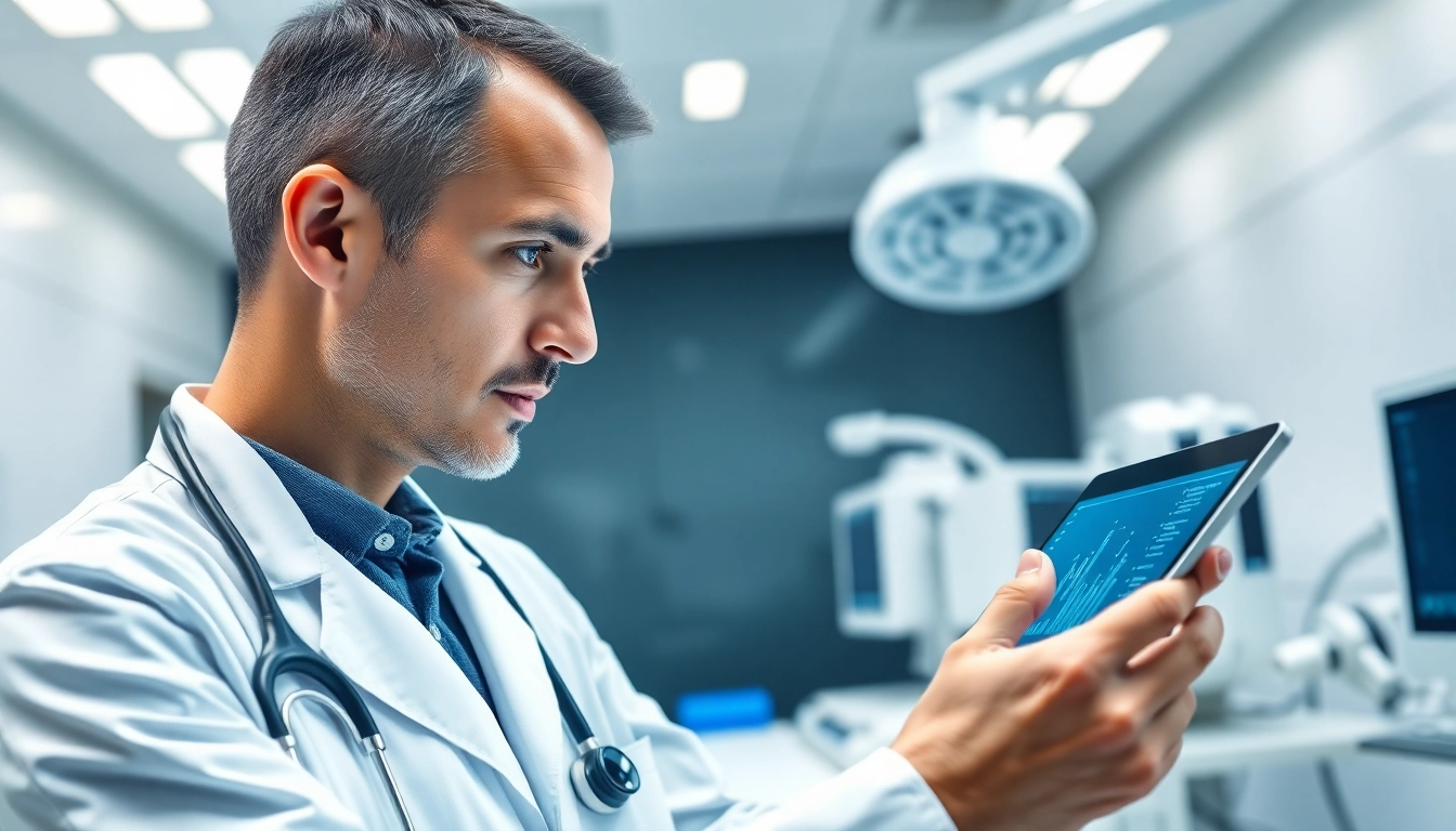 Using ai in healthcare, a doctor analyzes patient data with digital tools in a modern hospital.