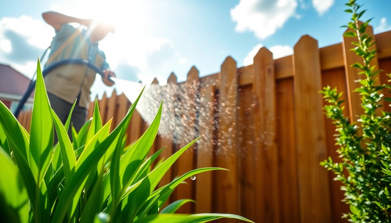 Fence Cleaning performed by a technician on a wooden fence in a sunlit garden setting.