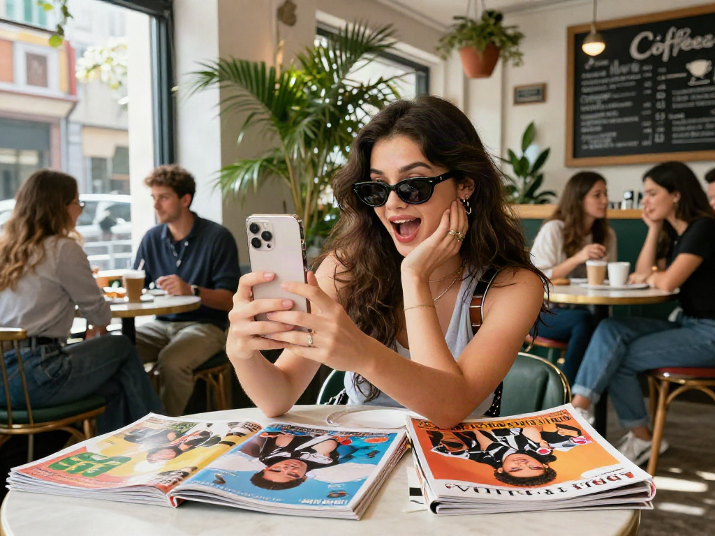 Woman comparing her selfie to celebrity images, looks like a celebrity in a vibrant café.