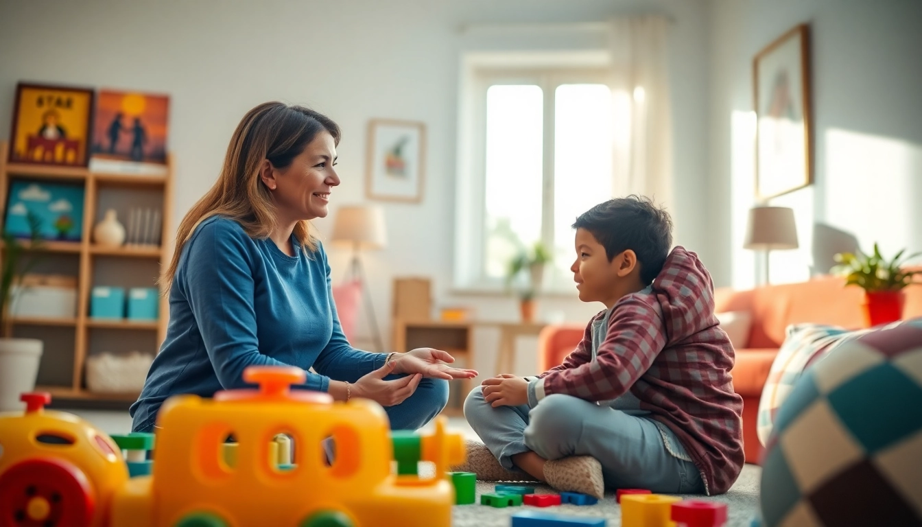 Providing Autism help in a supportive therapy setting with a therapist and child engaged in play.