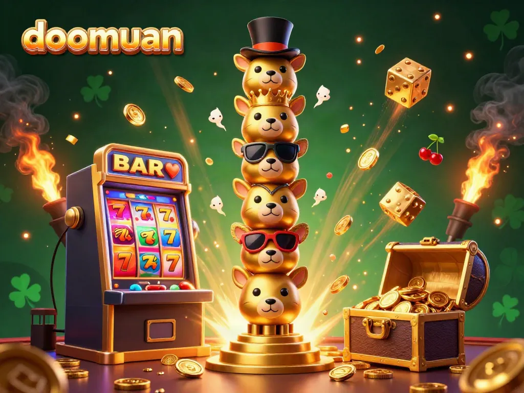 Dive into the thrilling world of doomuan with a vibrant illustration featuring casino elements like a golden totem pole and jackpot slot machine.