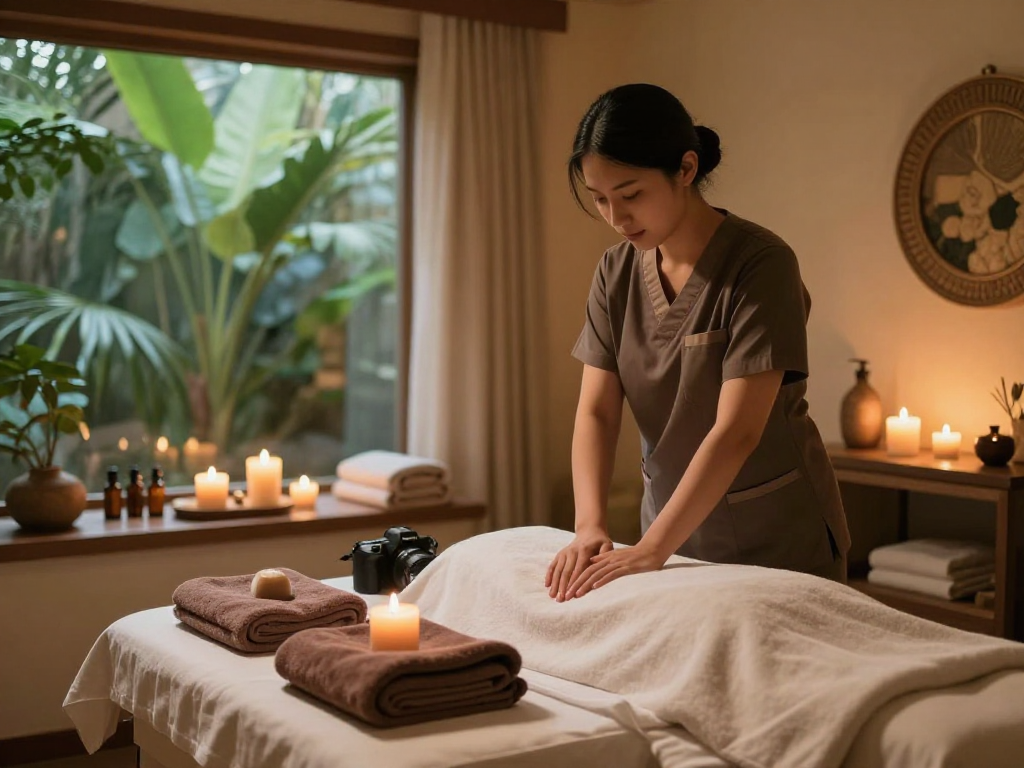 Professional therapist preparing in a serene wellness spa for a mantra88 login session, showcasing ambiance and relaxation.