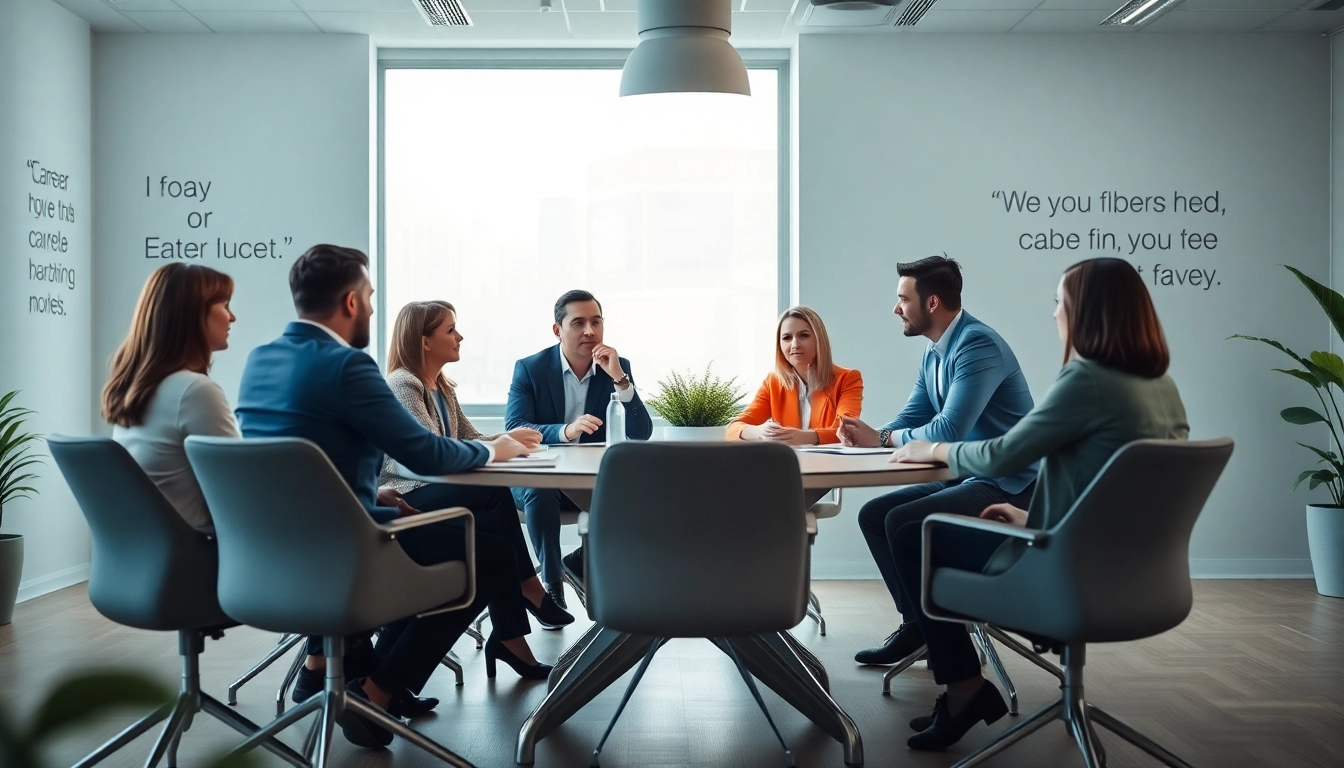Engaging career coaching scene showcasing a diverse group in a modern office.