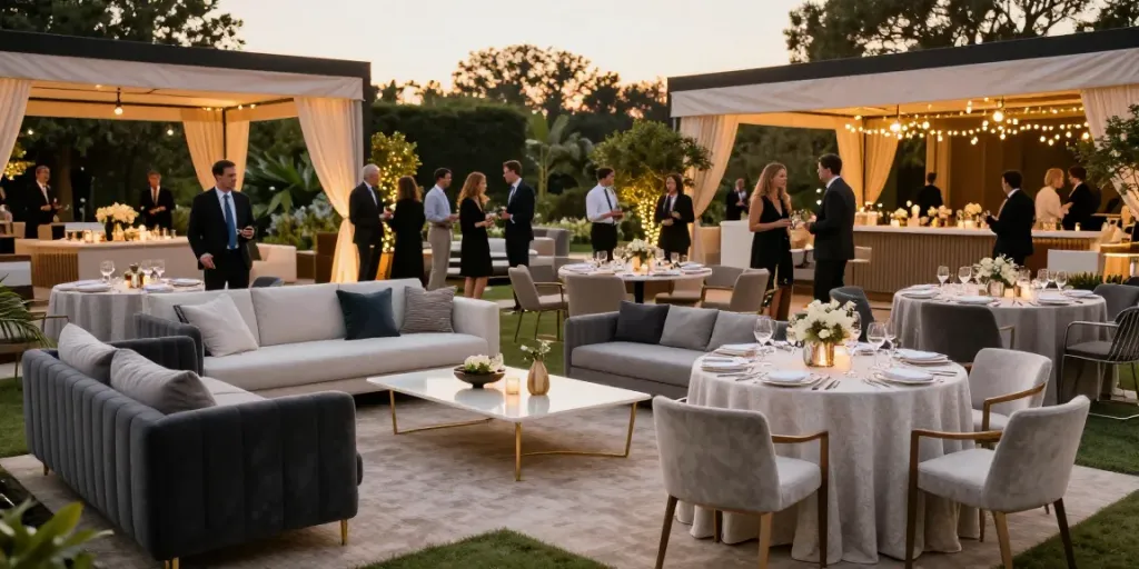 Chic outdoor setting showcasing event furniture rental with elegant lounge chairs, dining tables, and ambient lighting.