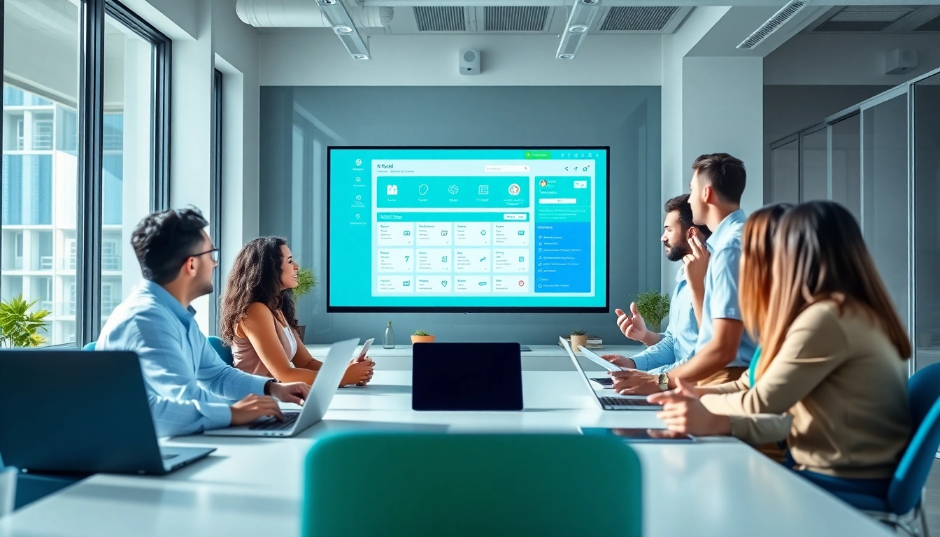Team collaborating around the O2 Portal interface on a large screen in a modern office.