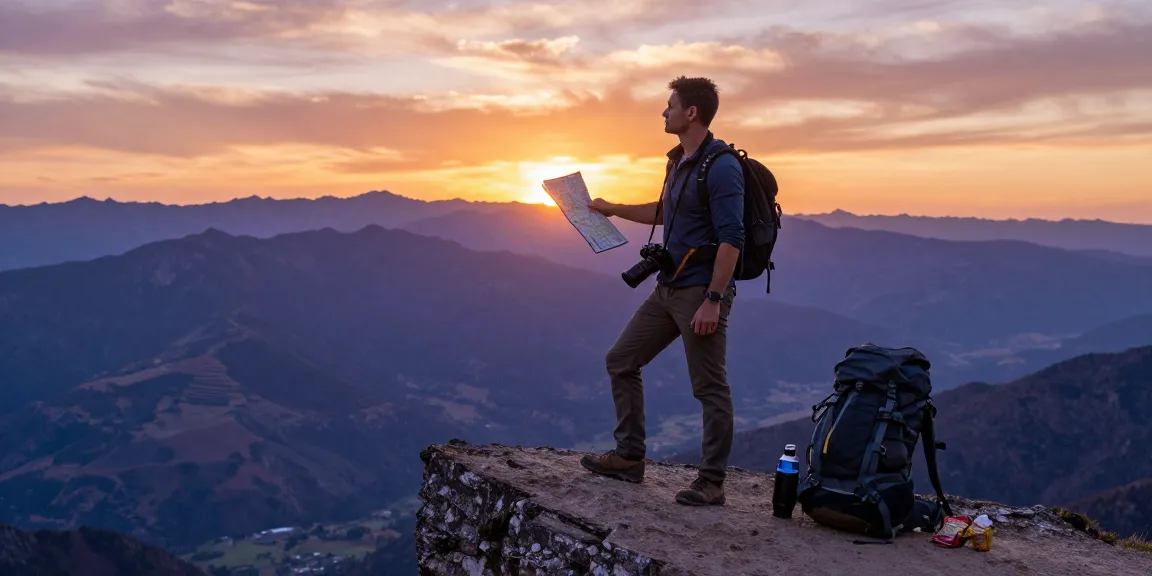 A traveler at a mountain viewpoint during sunset with scenic peaks, showcasing jacktoto gear for outdoor adventure.