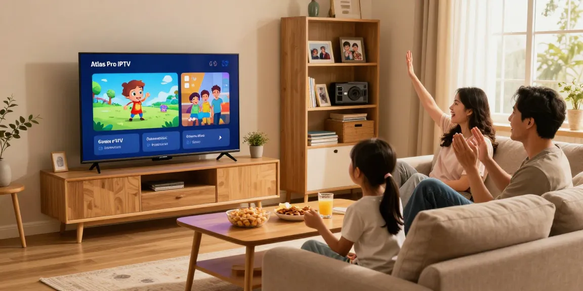 Family enjoying home entertainment with atlas pro iptv on Smart TV in a cozy living room setting.