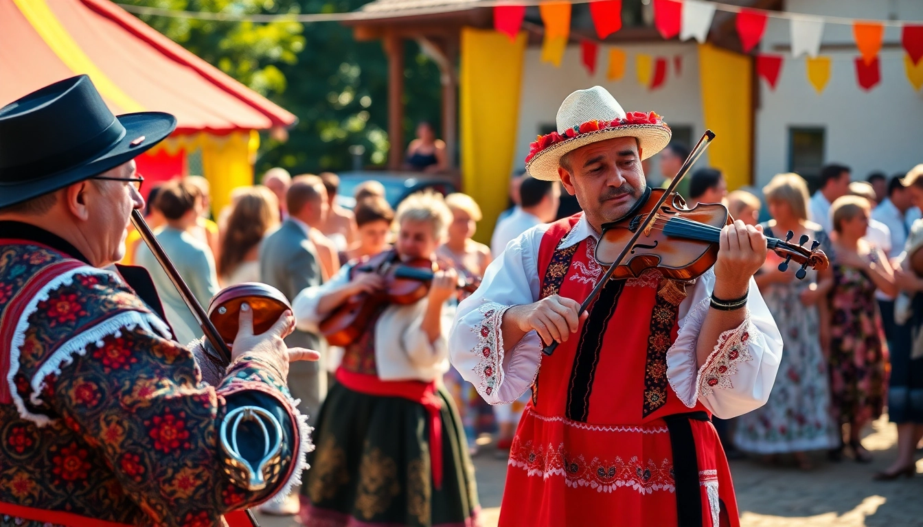 Muzica populară românească captivates audiences at a lively folk festival.