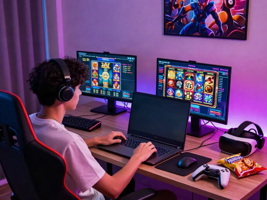 Engaged user playing ทดลองสล็อต on a gaming laptop with colorful graphics and LED lights.