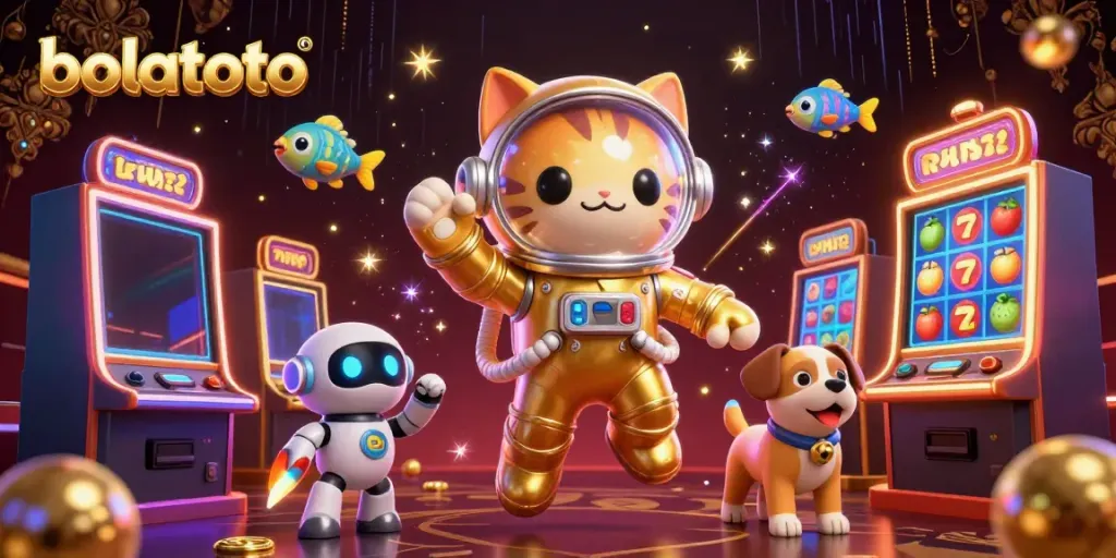 Join the exciting world of bolatoto with a floating space cat and vibrant slot machines.