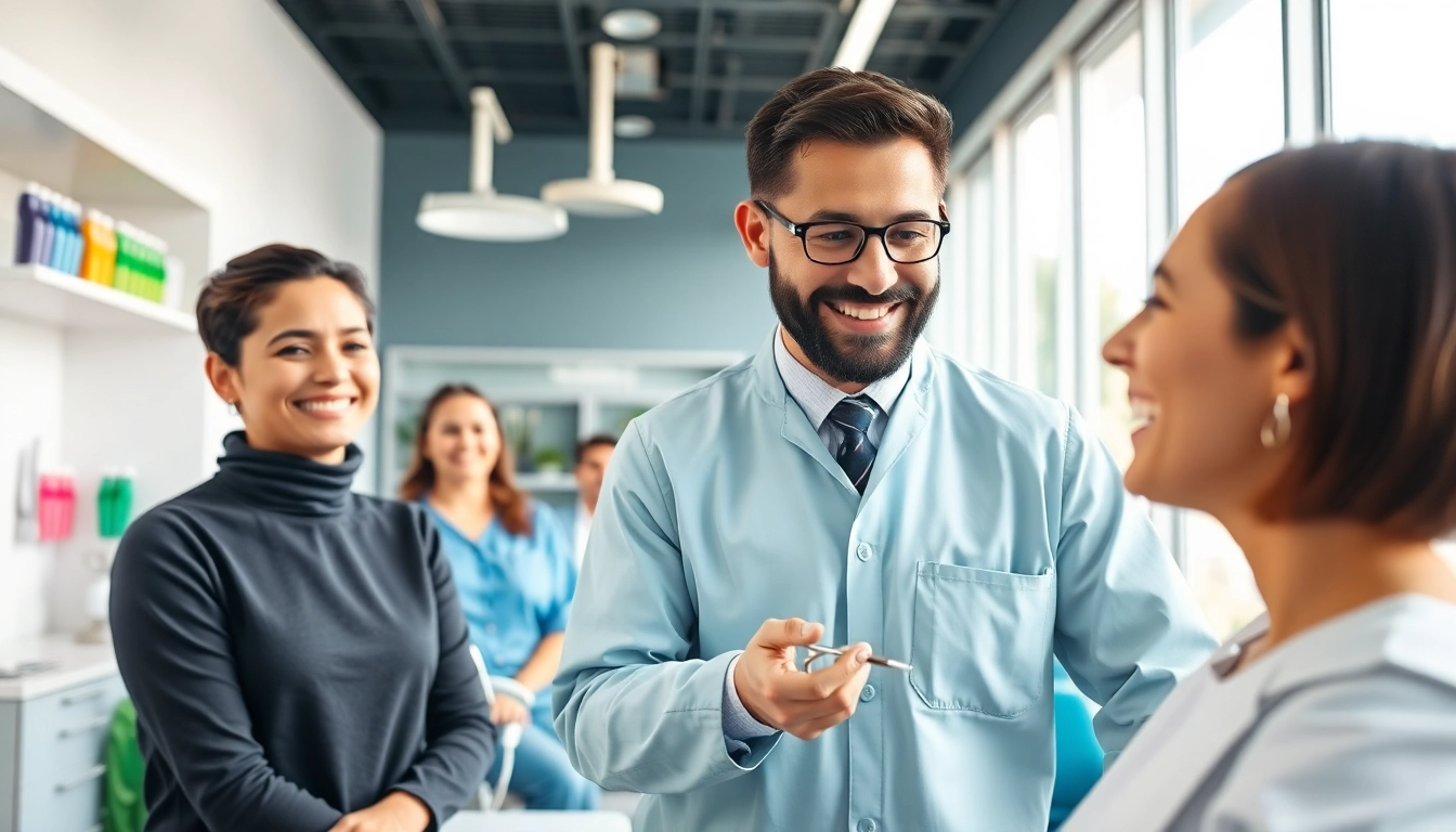 Find the best orthodontic near me with a friendly orthodontist assisting a patient.