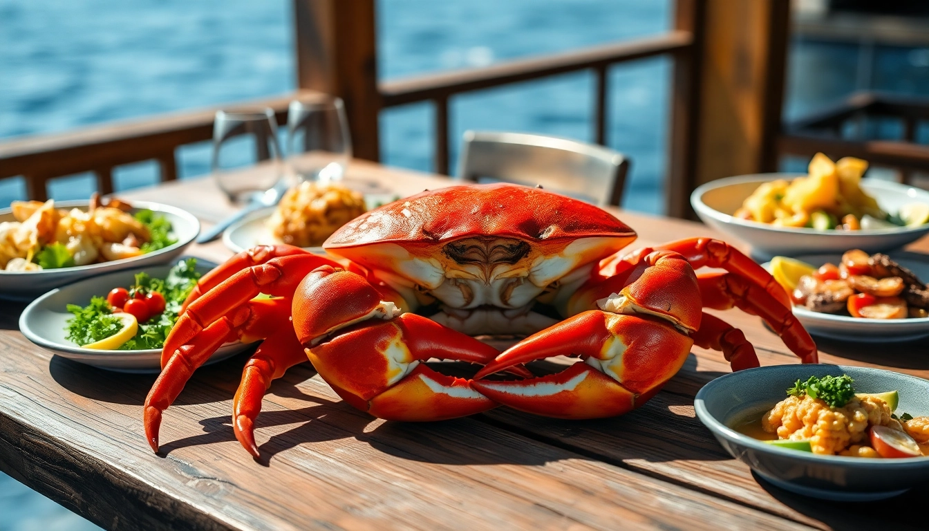 Live king crab wholesale showcased beautifully with fresh seafood display and ocean backdrop.