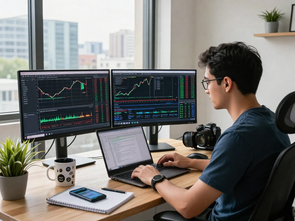 Trader analyzing MetaTrader 5 charts in a modern home office setup.