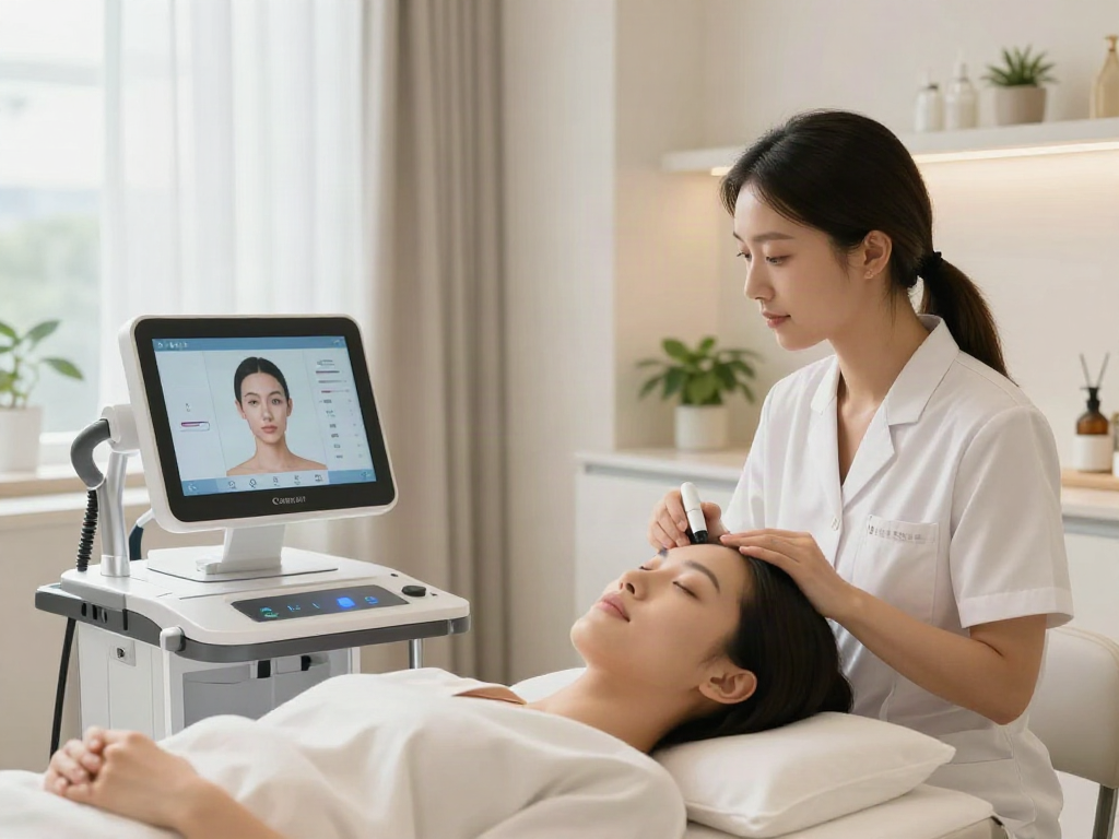 ClinicEvo cheaper than QOVES: An aesthetic consultant evaluating facial features in a modern clinic.