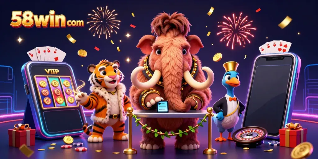 Experience the vibrant 58win com casino scene with colorful slot games and iconic characters welcoming players.