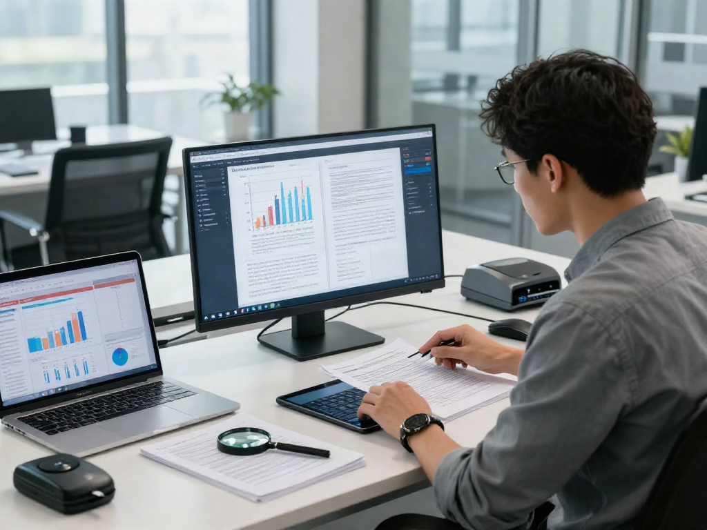Professional analyzing document fraud detection tools in a modern office