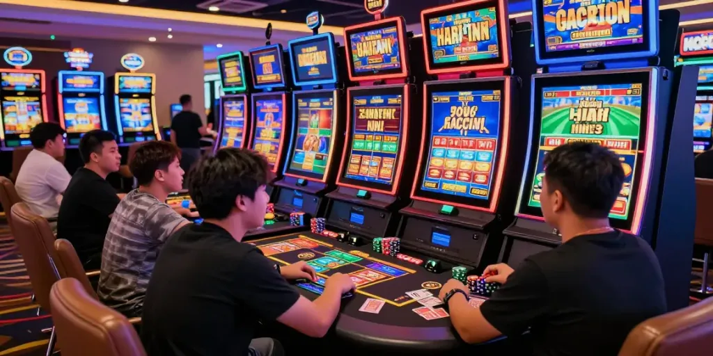 Exciting slot gacor hari ini gameplay at a vibrant casino with diverse players and flashing lights.