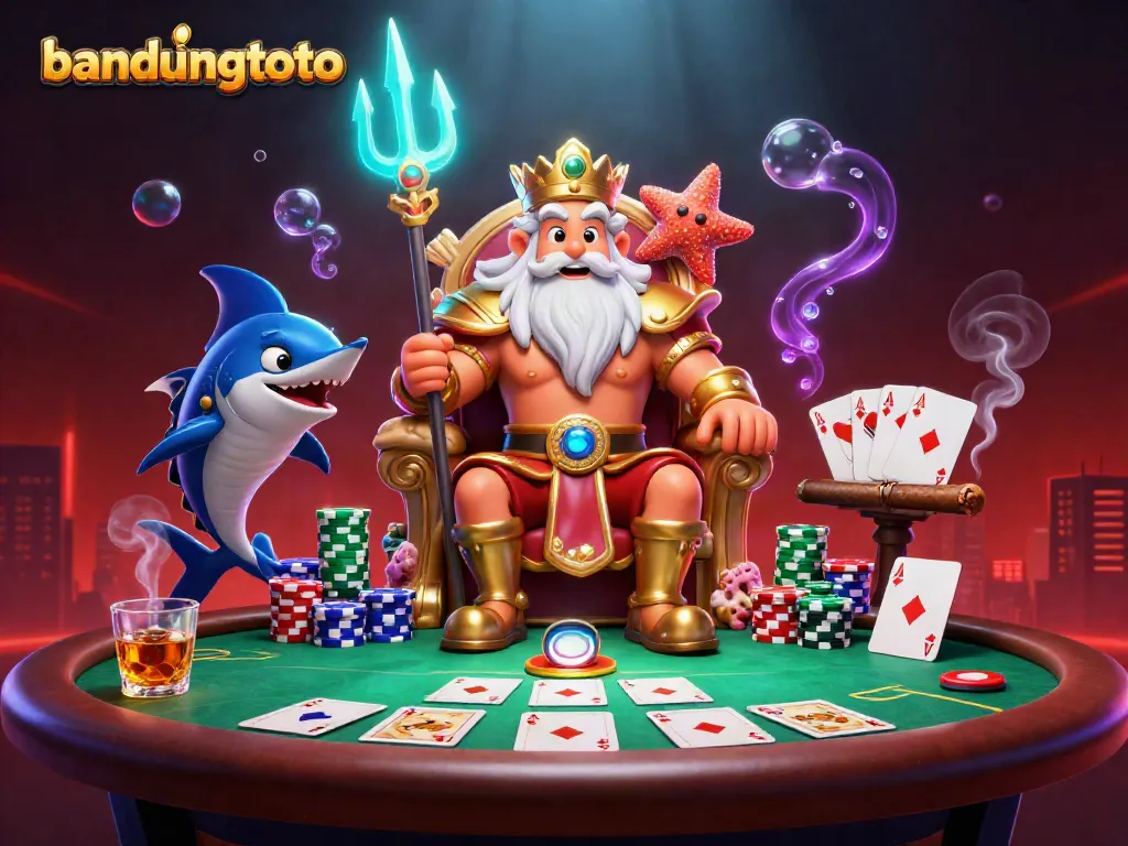 Bandungtoto scene with Neptune poker face, vibrant chips, and lively atmosphere in a rich casino world