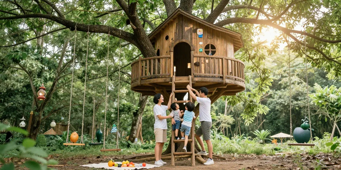 Family enjoying treehouses in a serene forest setting with natural elements.