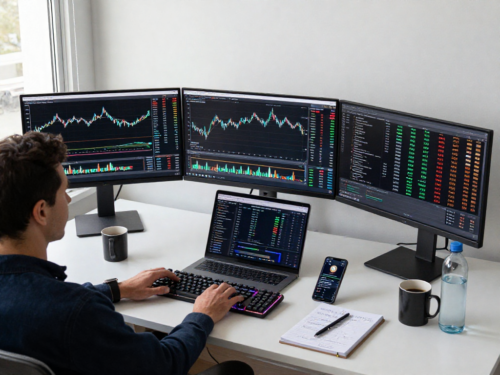 MetaTrader 5 官网的加密货币交易工作空间，展示比特币和以太坊价格图和技术指标的多个显示器