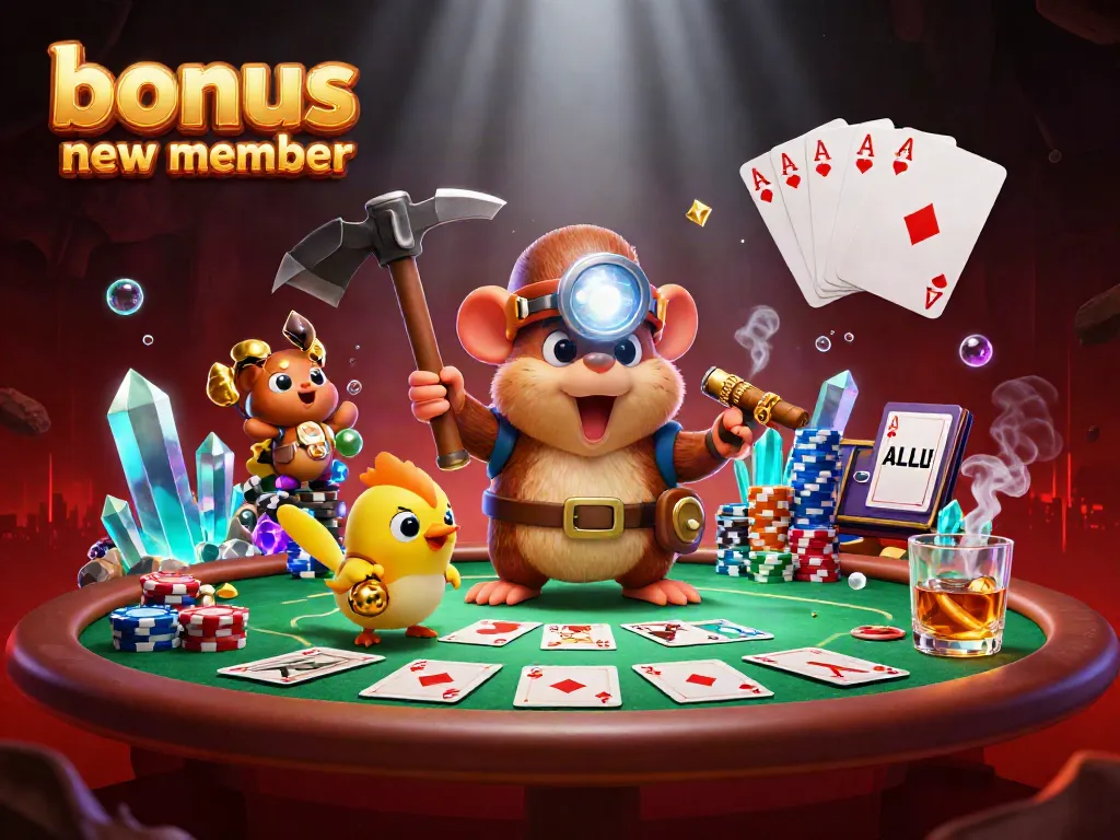 Engaging treasure hunter mole gathering riches, promoting bonus new member for an online casino experience.