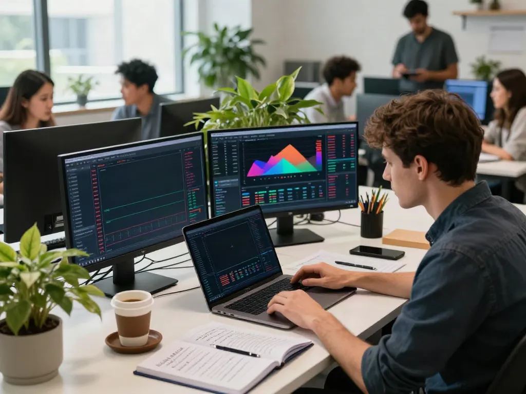 Best market data API India used in a collaborative cryptocurrency trading setup with multiple screens showing real-time analysis and decentralized finance metrics.
