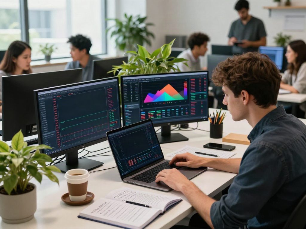 Best market data API India used in a collaborative cryptocurrency trading setup with multiple screens showing real-time analysis and decentralized finance metrics.