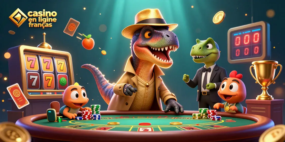 Le velociraptor au casino en ligne français, entouré de jeux et de jetons en mouvement.