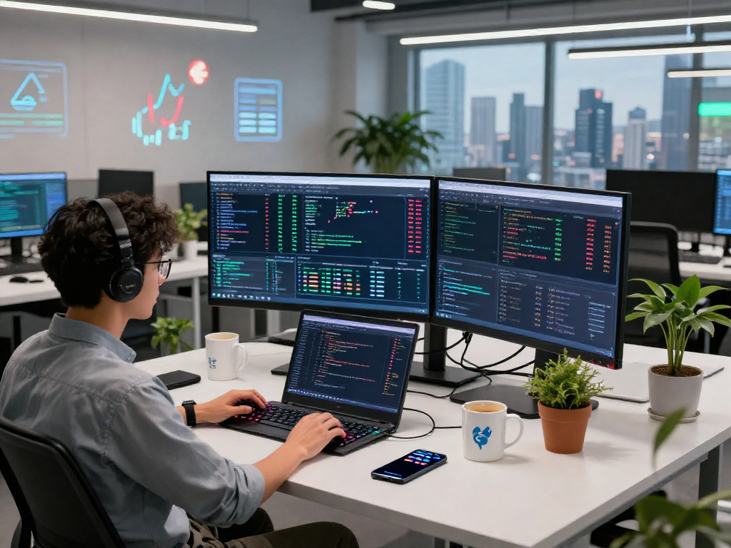 Dynamic workspace featuring a developer using a grain algorithmic trading API to analyze real-time forex data and market trends.