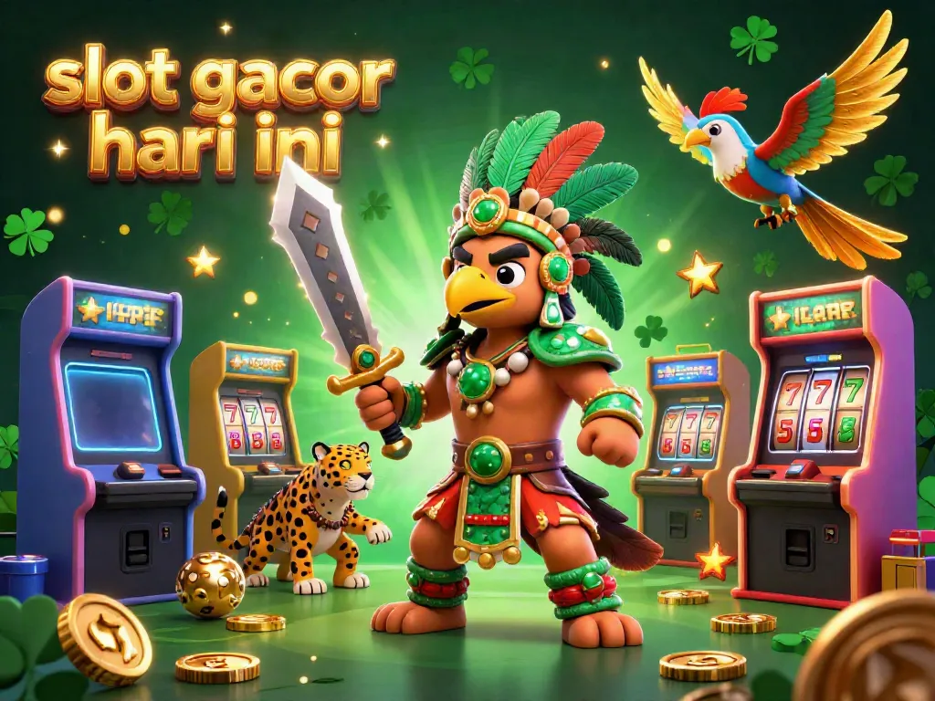 Engage with slot gacor hari ini in a vibrant 3D illustration featuring Aztec warriors and dynamic slot gaming elements.