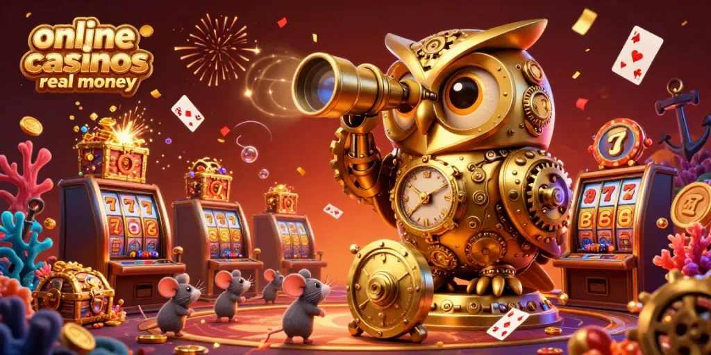 Experience the vibrant energy of online casinos real money with a clockwork owl and whimsical patrons in action.