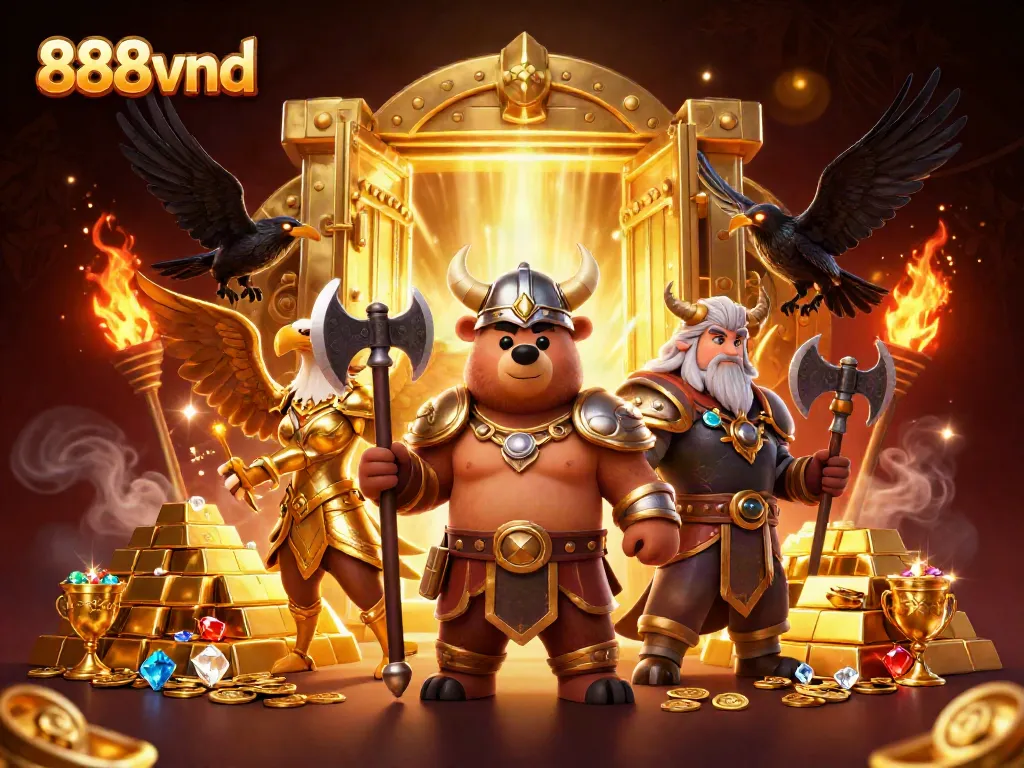 Experience thrilling gameplay at 888vnd with a Viking bear and Valkyrie amidst sparkling riches.