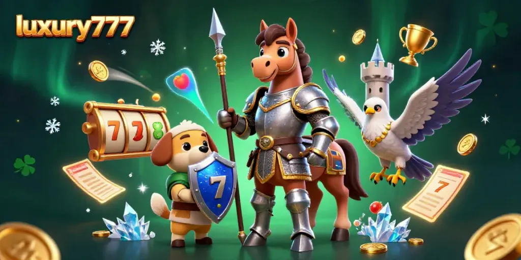 Enjoy exciting jackpots with luxury777 in this vibrant 3D casino scene featuring knights and slots.