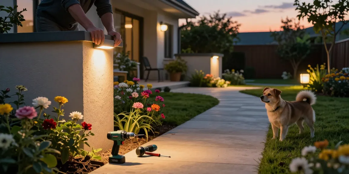 Aplica led exterior instalată pe un perete de casă în grădină, iluminând calea, creând o atmosferă primitoare.