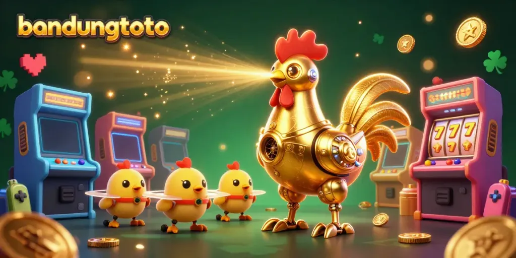 Experience thrilling gaming with bandungtoto's vibrant casino-themed 3D illustration featuring unique robotic characters.