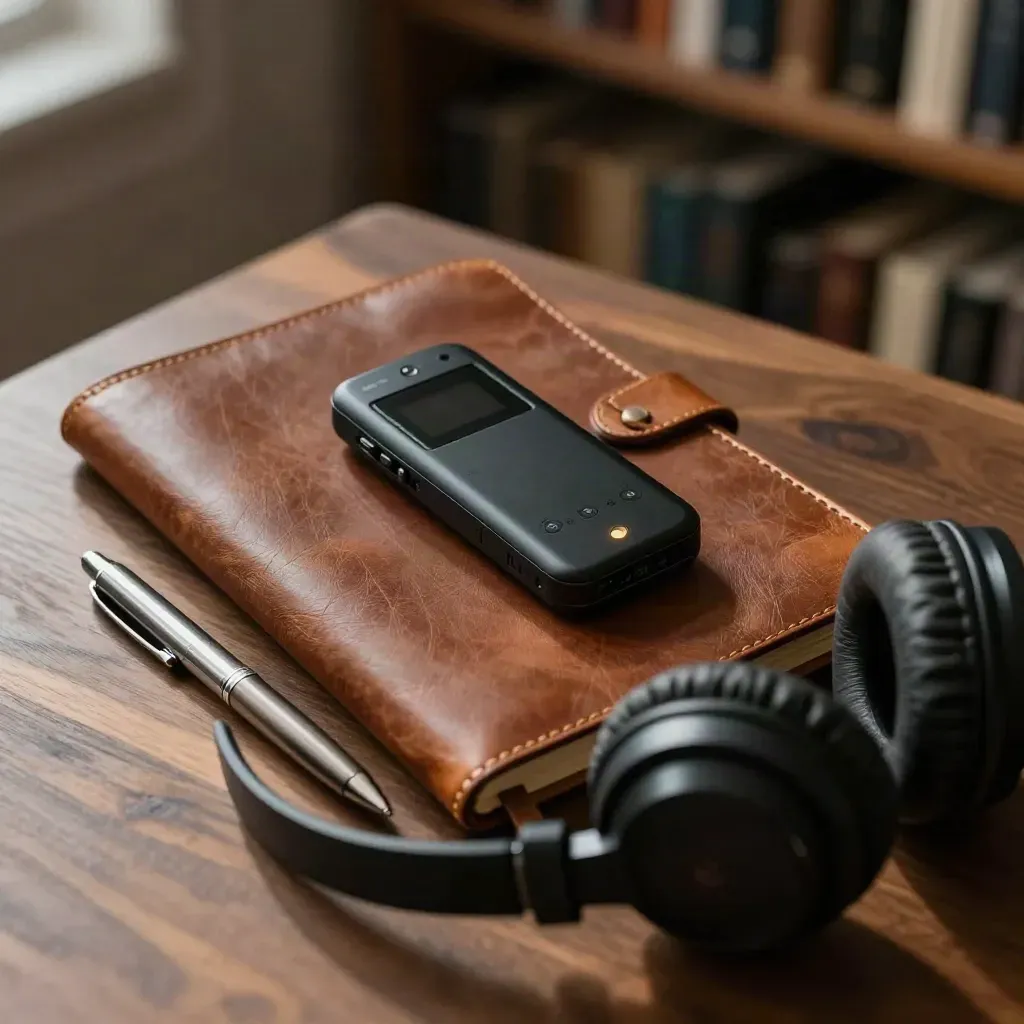 Leather notebook, audio recorder, headphones, and capped pen on walnut under soft studio light