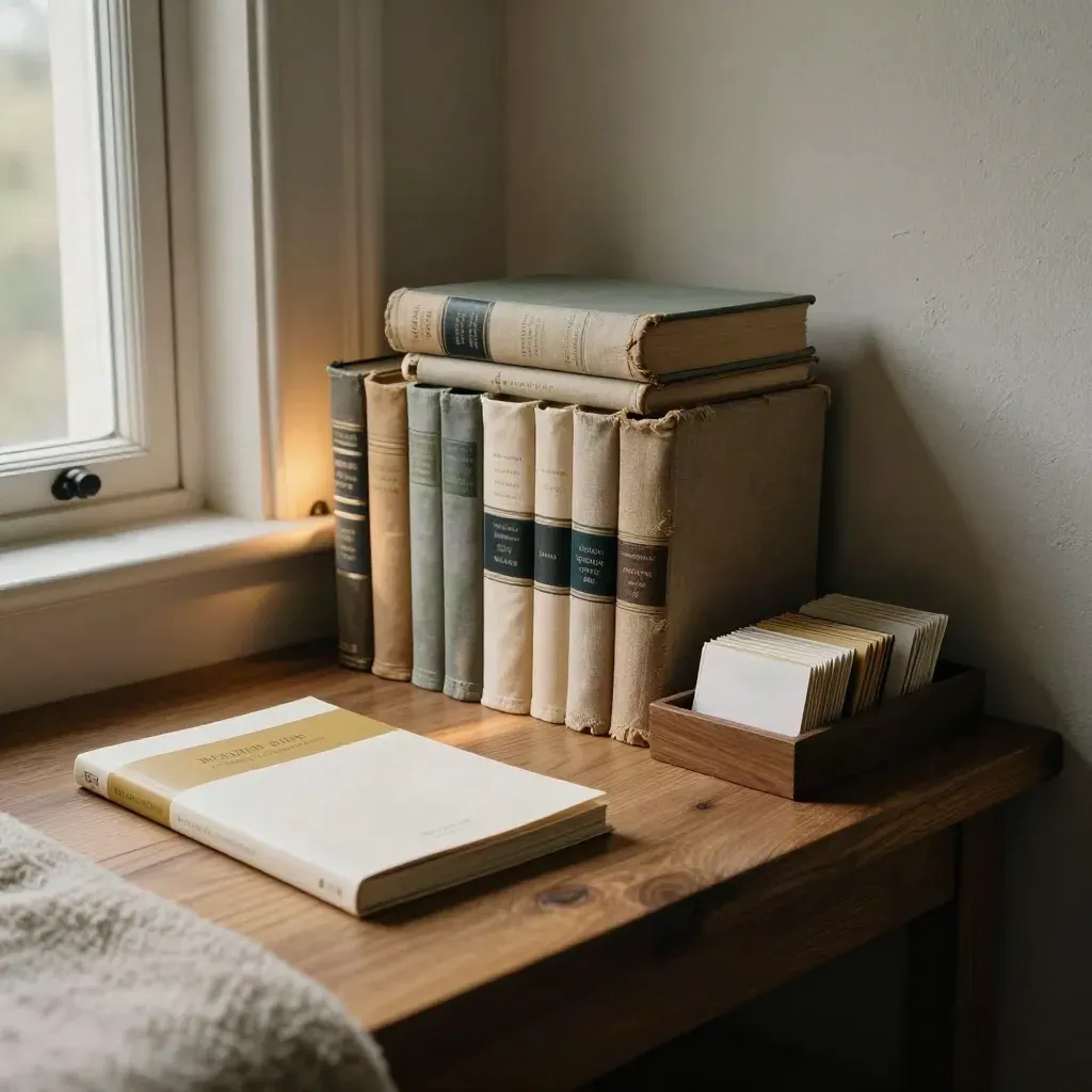 Quiet author nook with books, a bio booklet, and a tidy inquiry tray in warm window light.