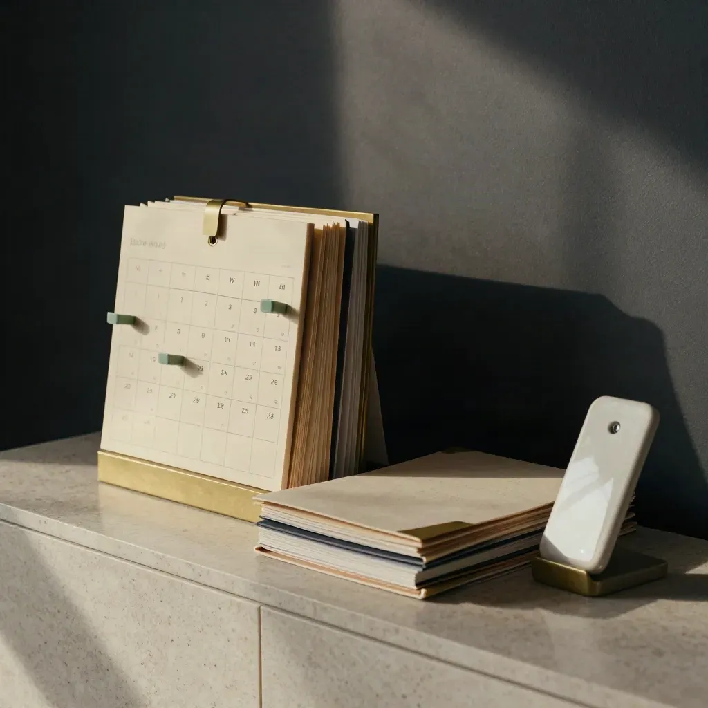 Calendar, proposal folders, and ceramic phone stand on travertine credenza