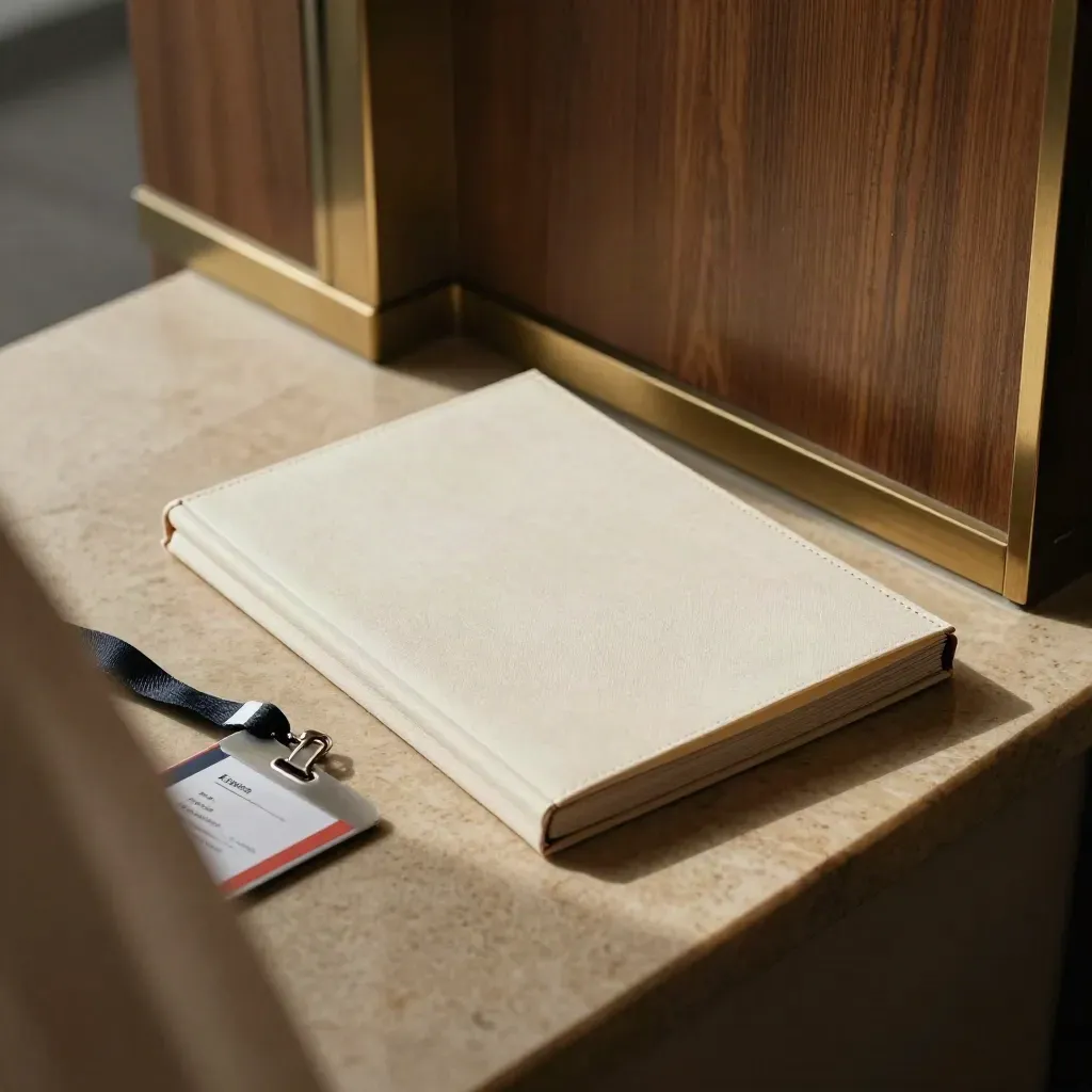 Speaker bio dossier, folded lanyard, and podium edge in a hotel suite corner